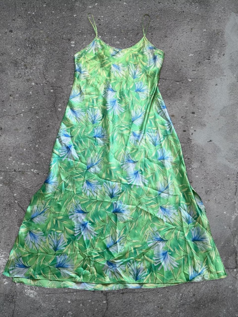 Secret Treasures XL Tropical Satin Maxi Slip Dress Green Floral Y2K Lingerie